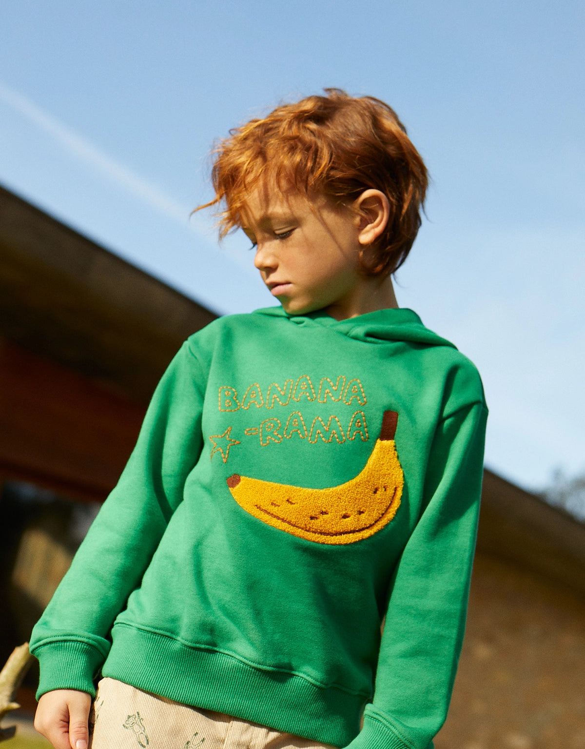 BOYS BANANA CHENILLE APPLIQUE JERSEY FLEECE PULLOVER