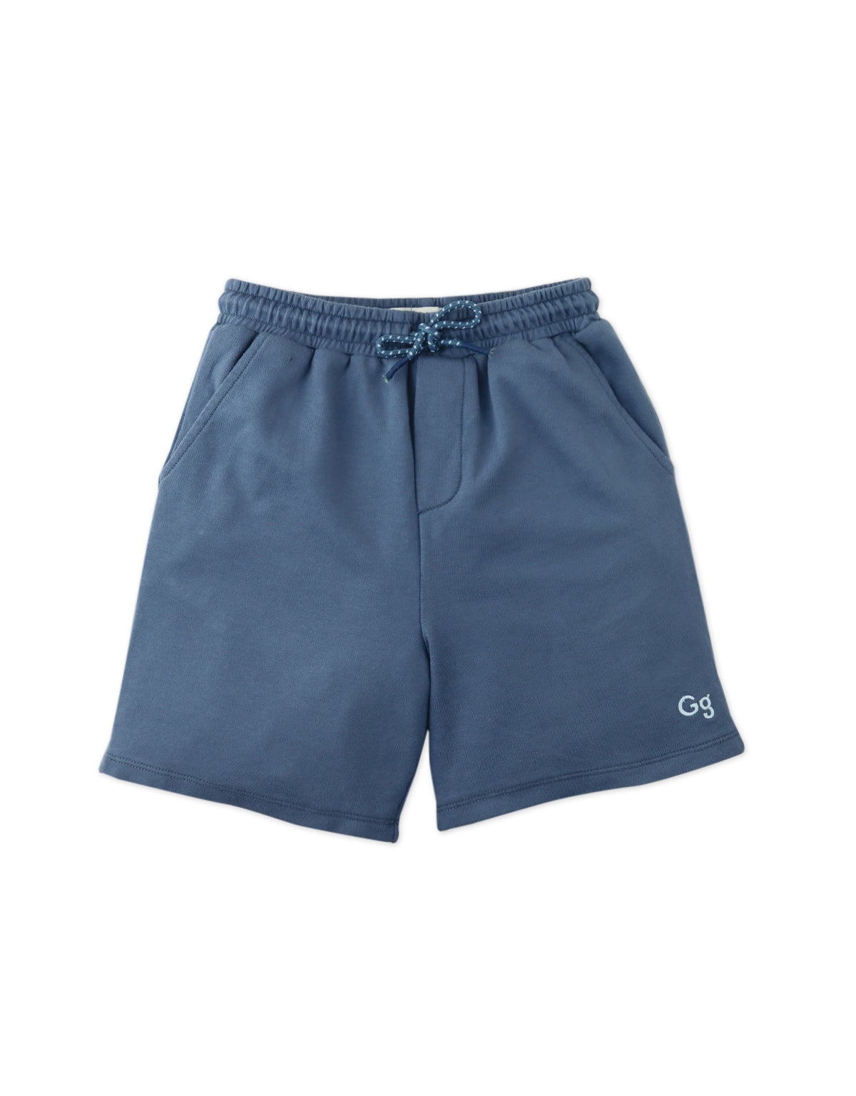 Full front catalog image of the Tim Drawstring Shorts in blue worn by young boy model, with embroidered GG logo for kids from the streetwear-inspired collection of Gingersnaps Philippines.