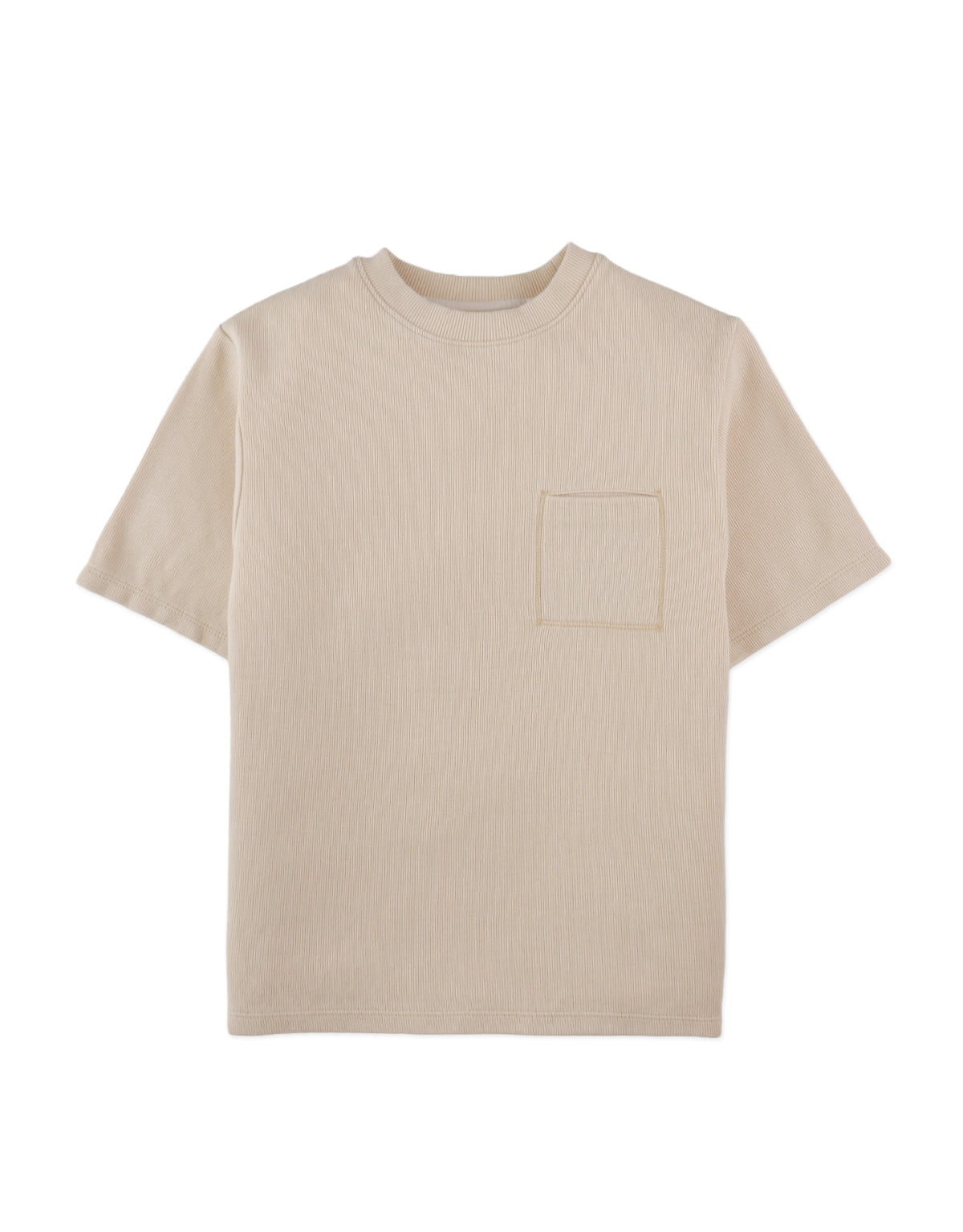 Full front photo of Aris Tee in beige with front pocket, showing the chest pocket placement and short-sleeve silhouette, from the Holiday collection of Filipino kids fashion brand Gingersnaps Philippines.
