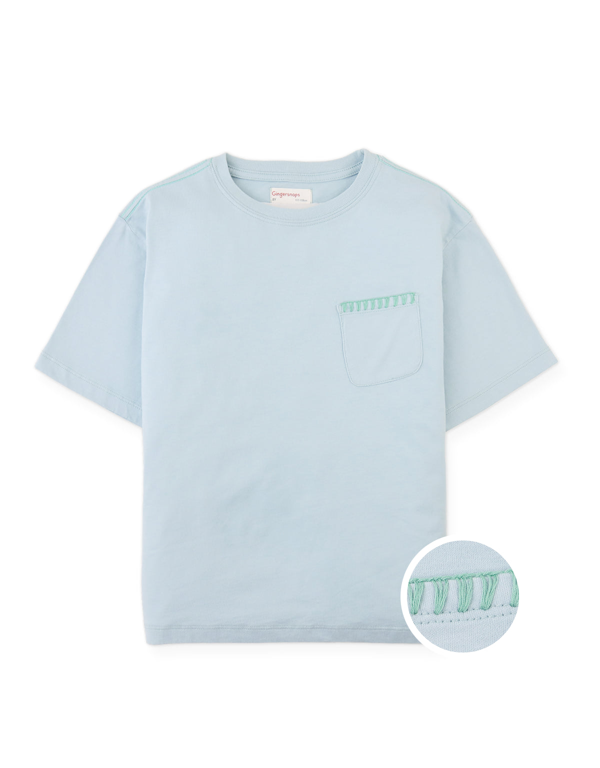 Full front photo of Casper Tee with stitched pocket in soft light blue, from the Holiday collection of Filipino kids fashion brand Gingersnaps Philippines.
