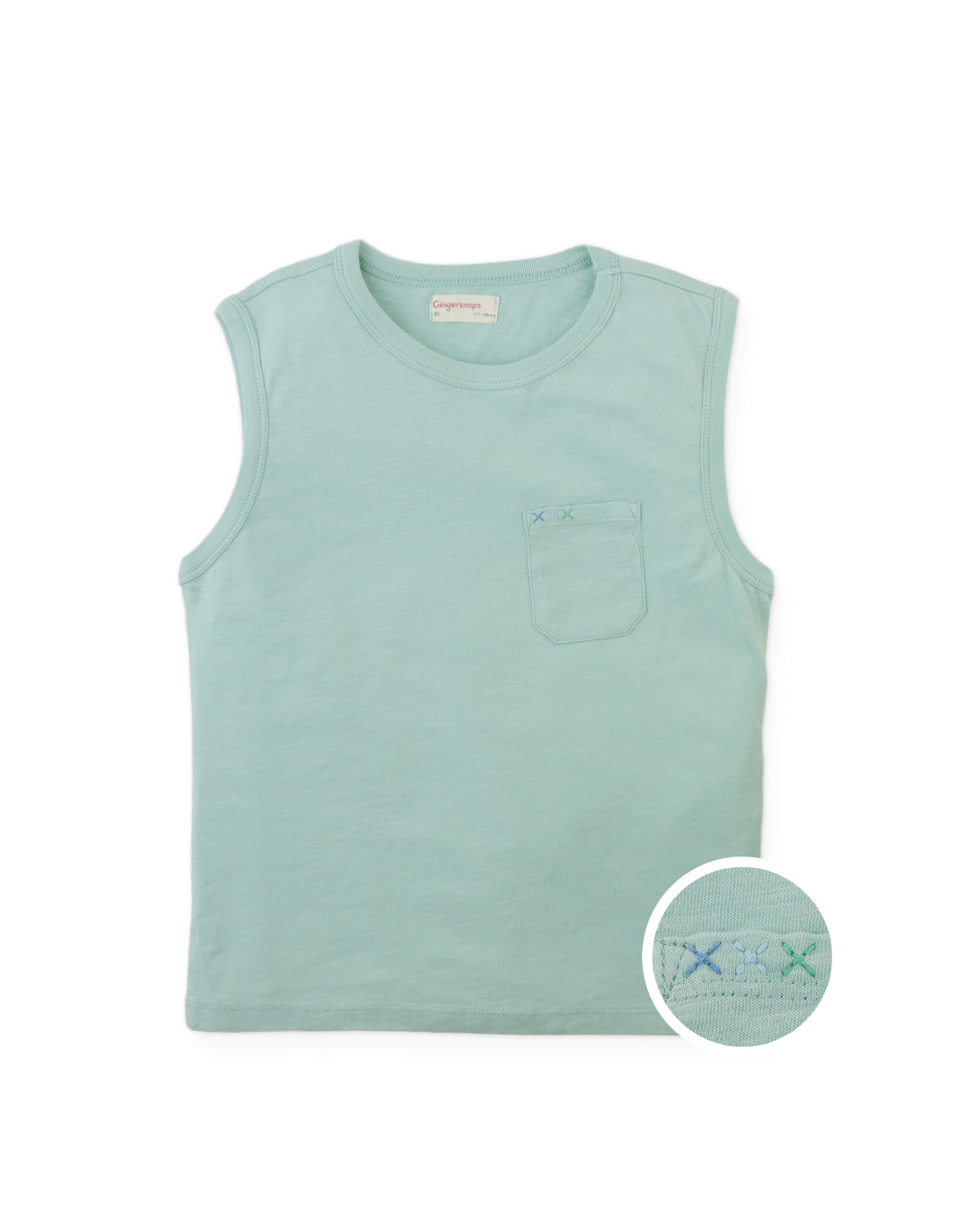 Full front photo of Hayes Tank Top with embroidered pocket in green, from the Holiday collection of Filipino kids fashion brand Gingersnaps Philippines.