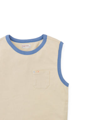 Details front photo of Hayes Tank Top with embroidered pocket in beige, showing fine embroidered pocket detail and smooth