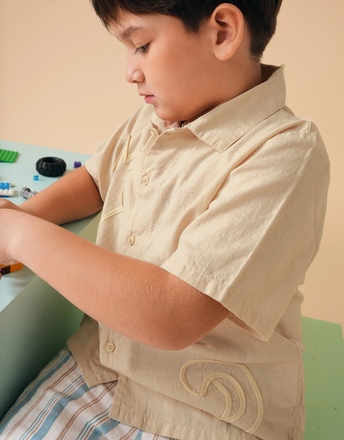 RYUKI LINEN-LIKE COTTON SHIRT WITH CORDING APPLIQUÉ