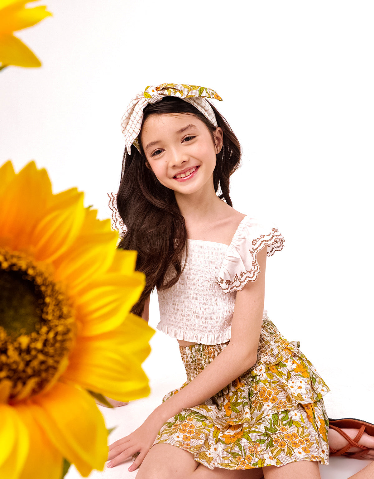 GIRLS SMOCKED TOP WITH EMBROIDERED FRILL SLEEVES