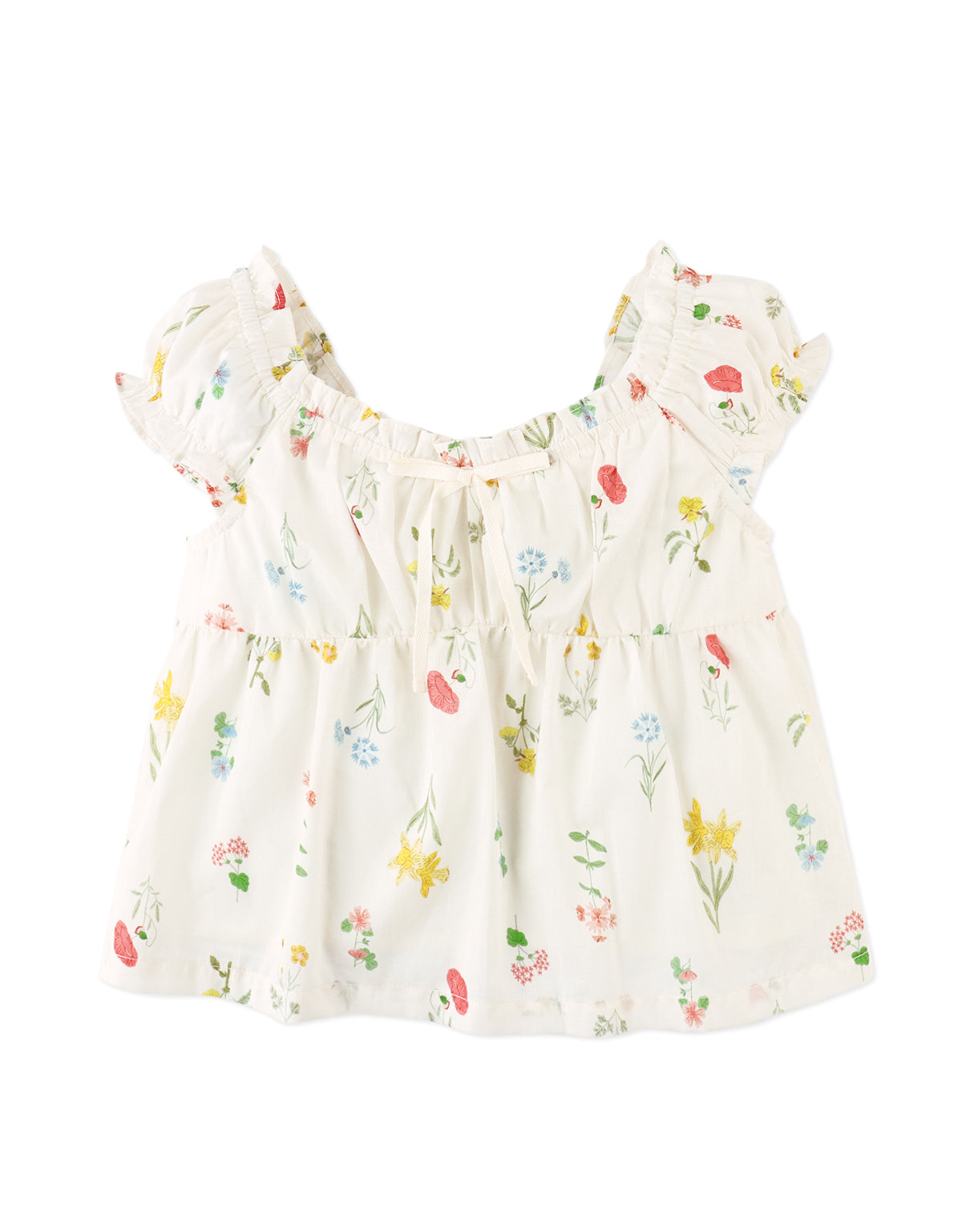 Campaign photo of the Jennie Cotton Top with Ruffled Details & Puff Sleeves for kids from the Spring Summer collection of Filipino kids fashion brand Gingersnaps Philippines, featuring soft ruffles and puffed sleeves.