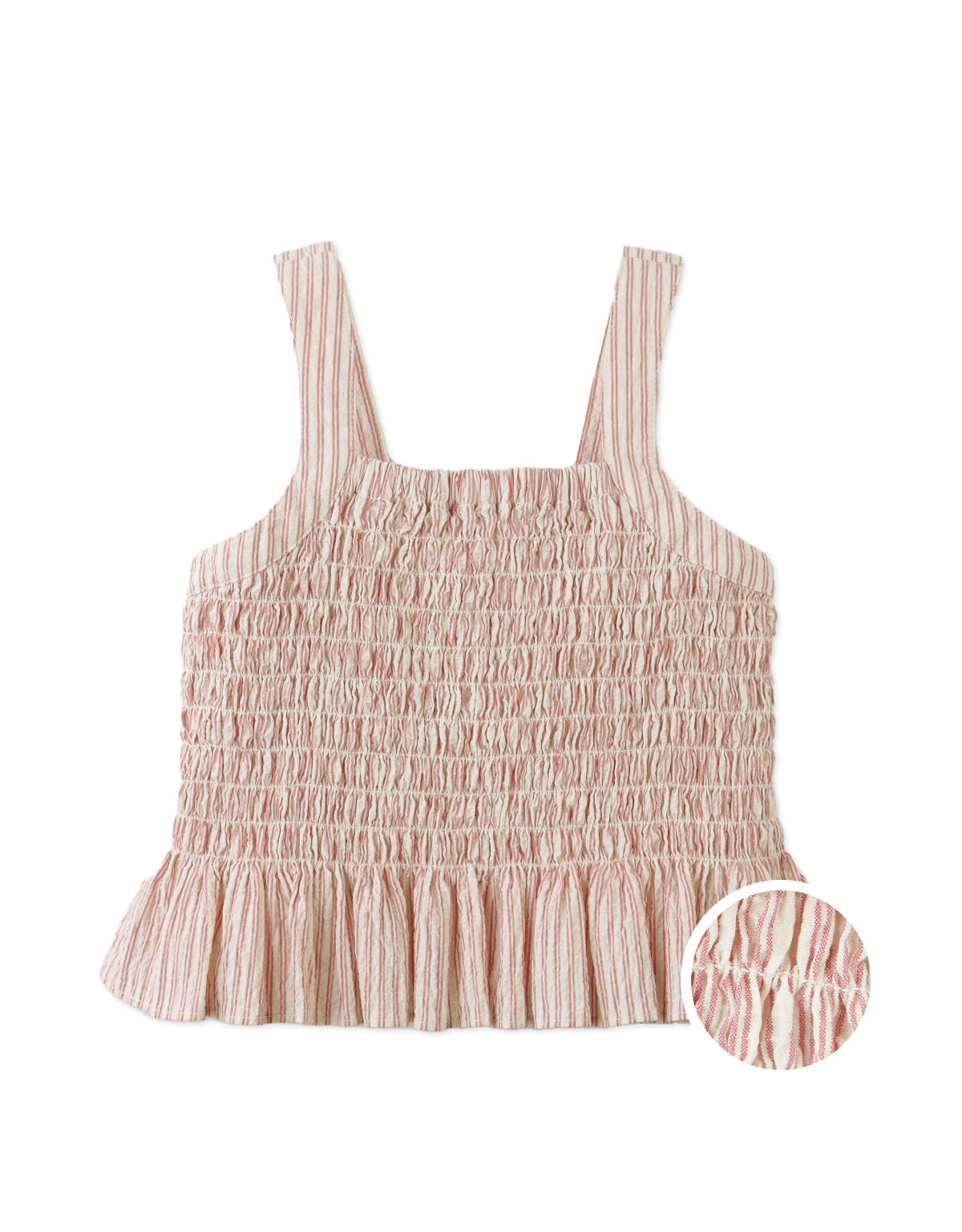 Close-up front detail of the Josephine Striped Peplum Top with Flower Appliqué, highlighting the flower appliqué and smocked bodice from the Spring Summer collection of Gingersnaps Philippines.