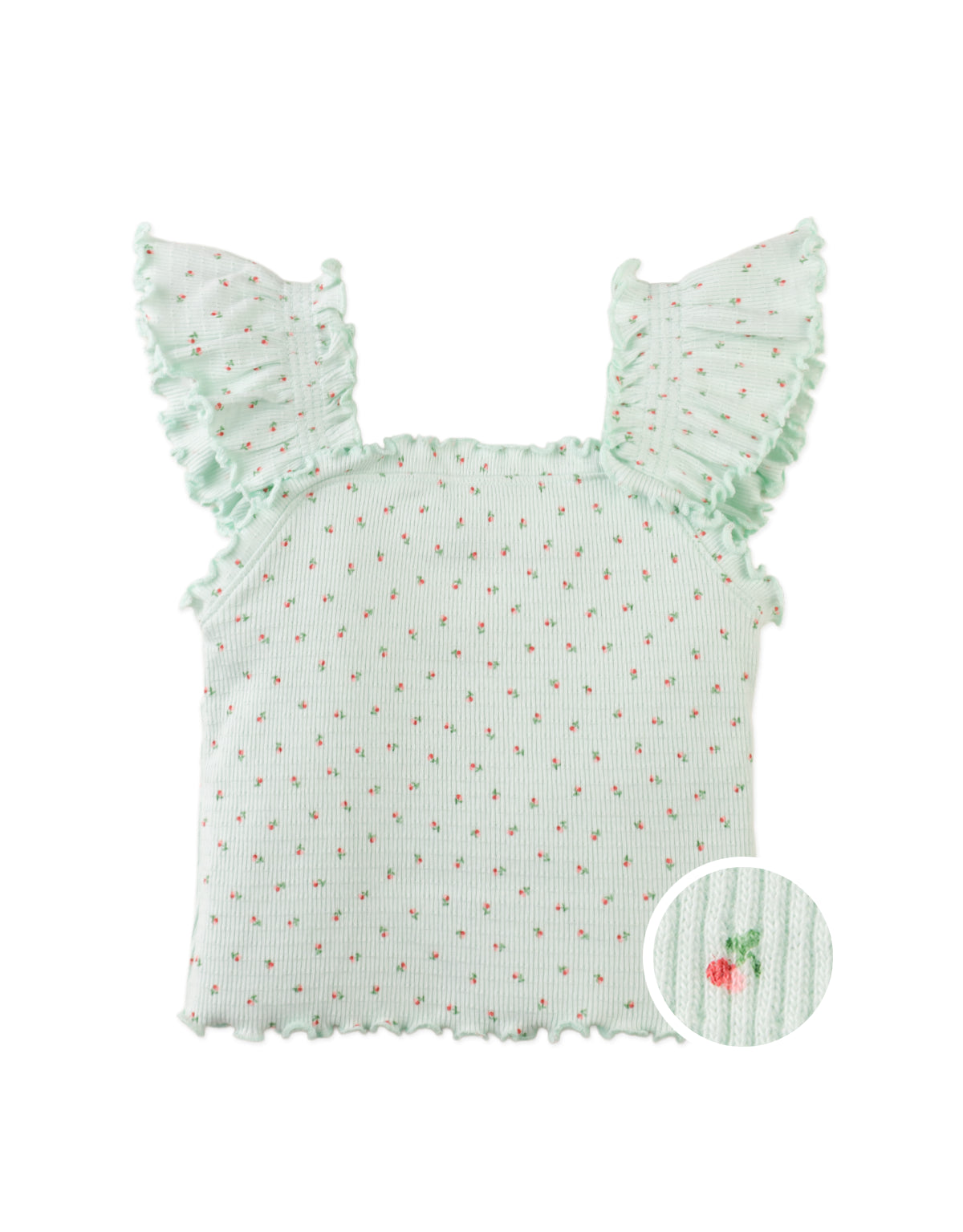 Campaign photo of the Noelle Top with Ruffle Sleeves from the Pastel Cherry Chic for Girls collection, featuring soft flutter sleeves and a fresh pastel tone.