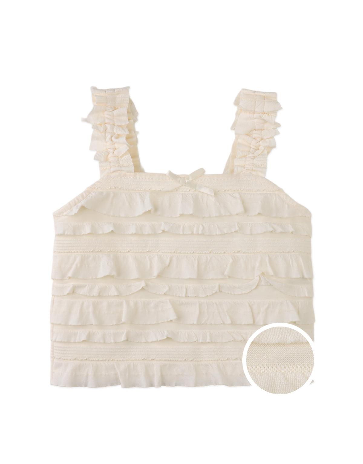 Campaign photo of the Suri Tank Top with All-Over Ruffles and Satin Bow from the Pastel Cherry Chic for Girls collection