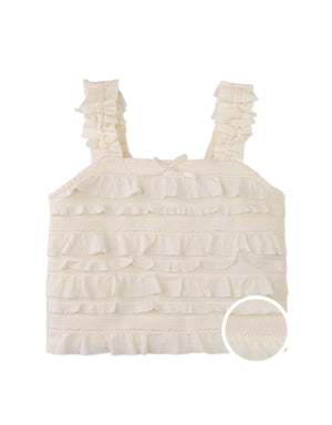 Campaign photo of the Suri Tank Top with All-Over Ruffles and Satin Bow from the Pastel Cherry Chic for Girls collection