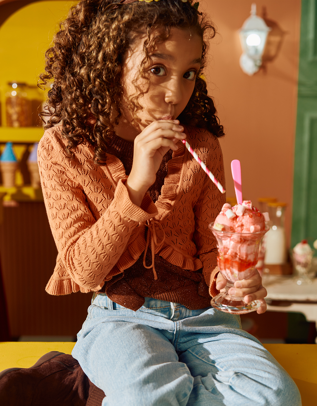 GIRLS POINTELLE CARDI WITH PETAL COLLAR