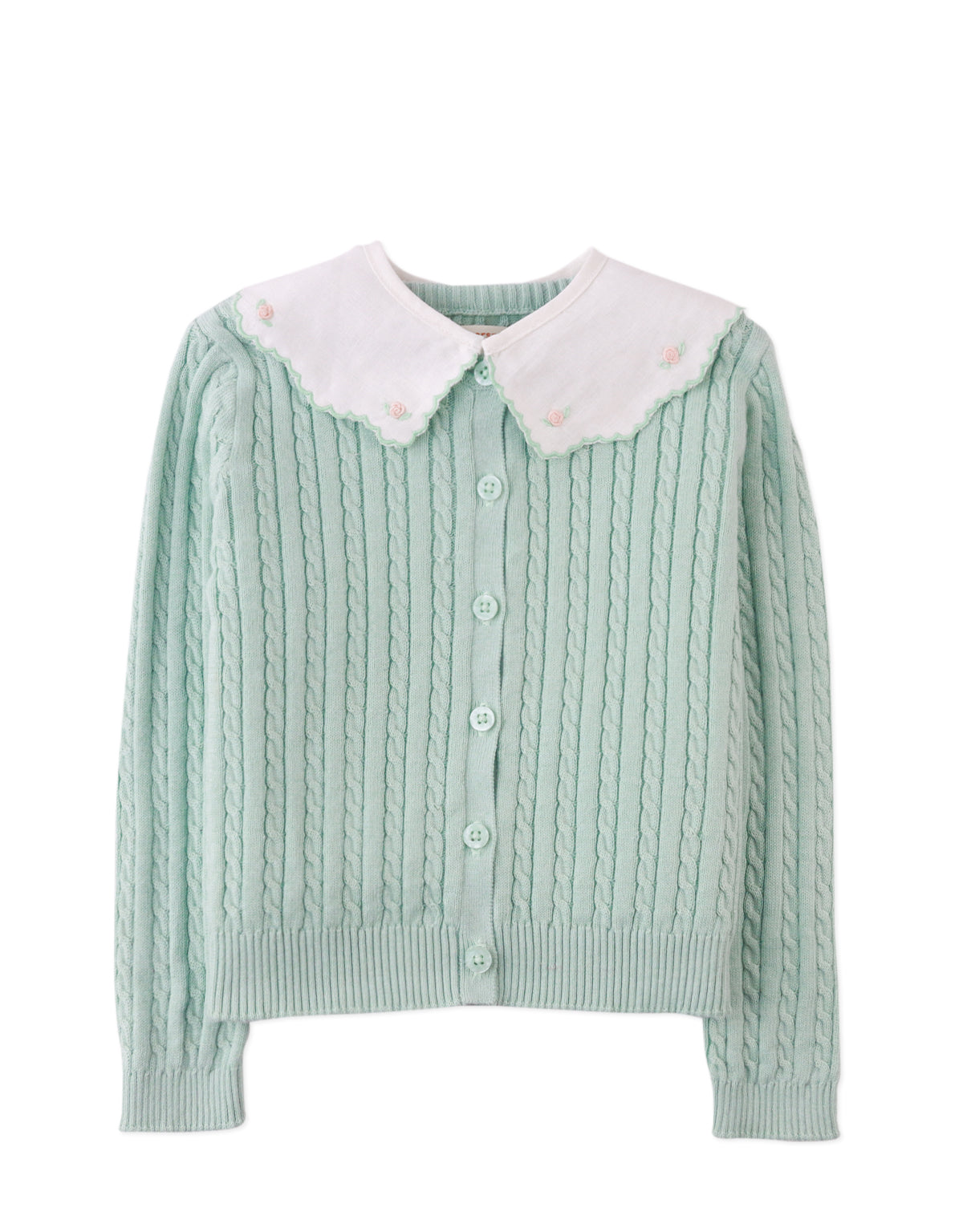 FRIDA CARDIGAN GREEN WITH BOUILLON EMBROIDERED CONTRAST COLLAR