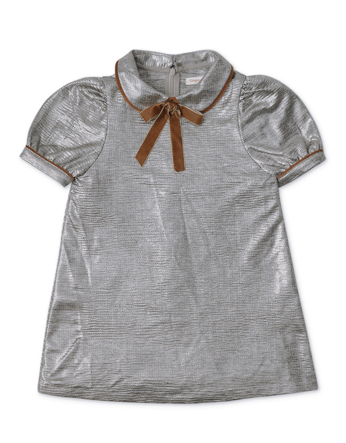 LAME SHIFT DRESS WITH PETER PAN COLLAR, CONTRAST TRIM, AND BOW DETAIL