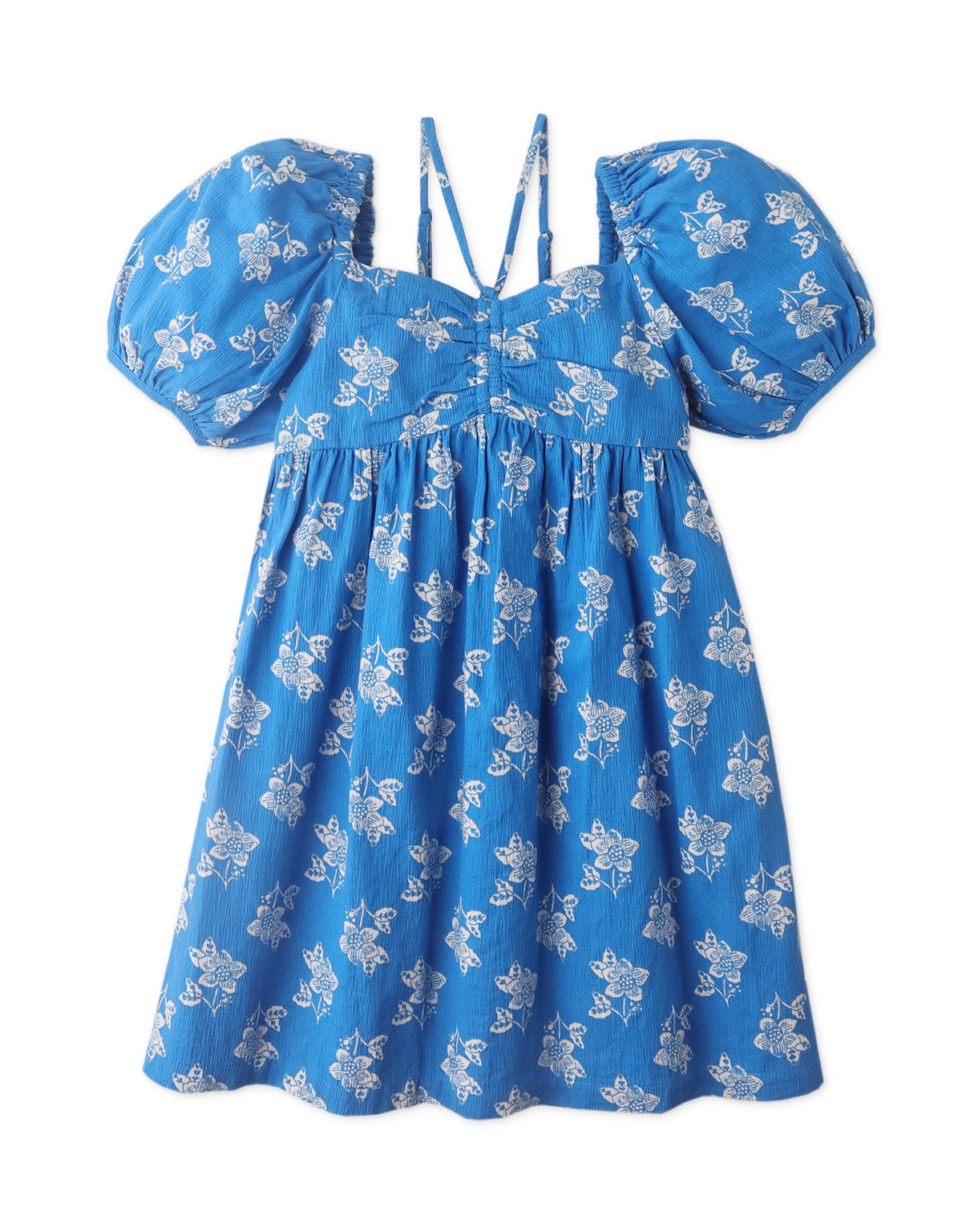 GIRLS BLOCKED PRINT PUFF SLEEVES DRESS WITH STRAPS