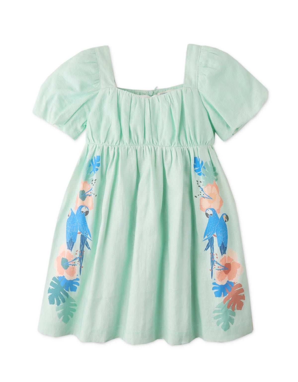 GIRLS PUFF SLEEVES DRESS WITH PARROT GRAPHICS