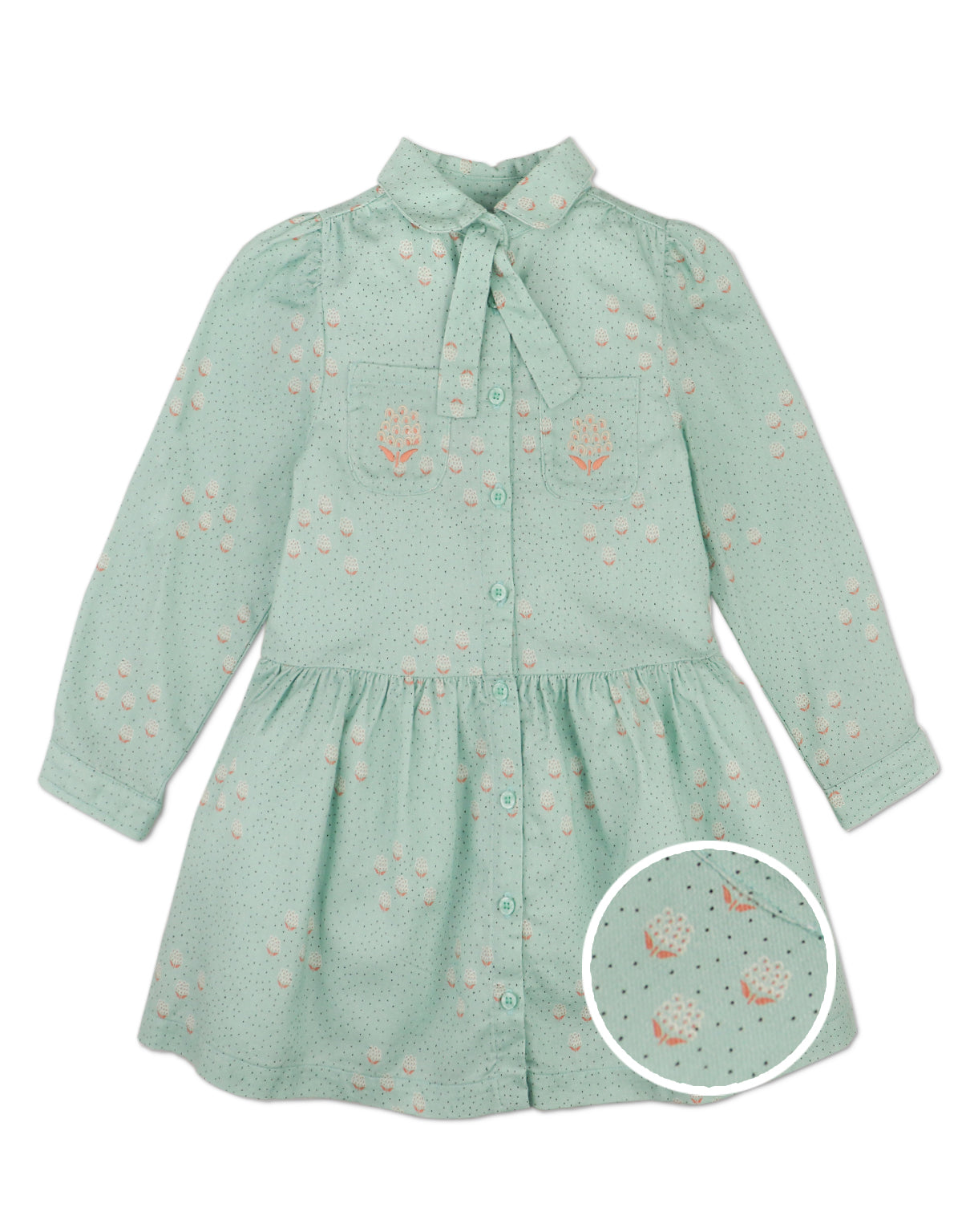 SABEL LONG SLEEVES MINT GROVE WITH DROP WAIST, PETER PAN COLLAR, AND TIE DETAILS