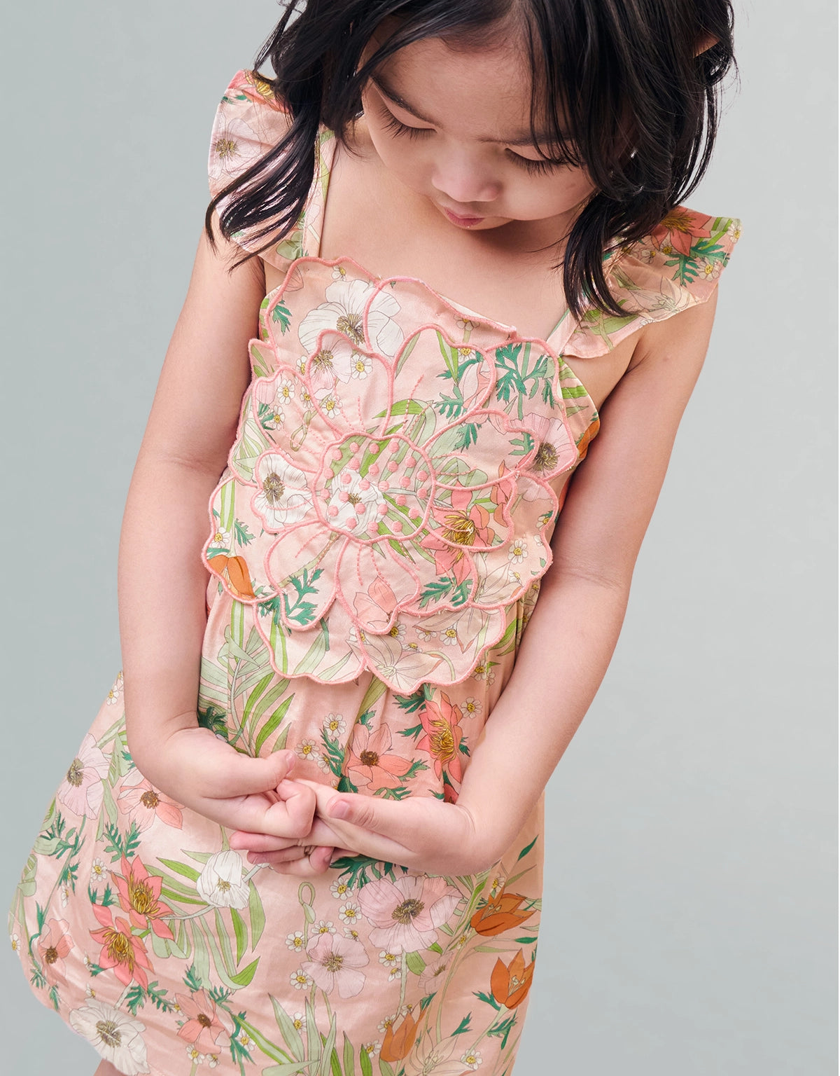 KIMIKO PRINTED STRAPPY SUNDRESS WITH BIG FLOWER APPLIQUÉ