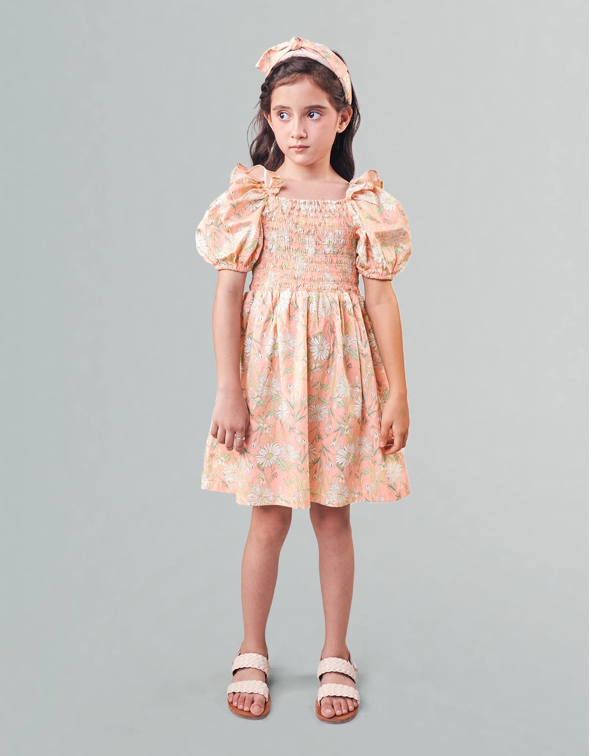 HILLARY SMOCKED DRESS WITH SHIRRED WAIST AND BUBBLE SLEEVES