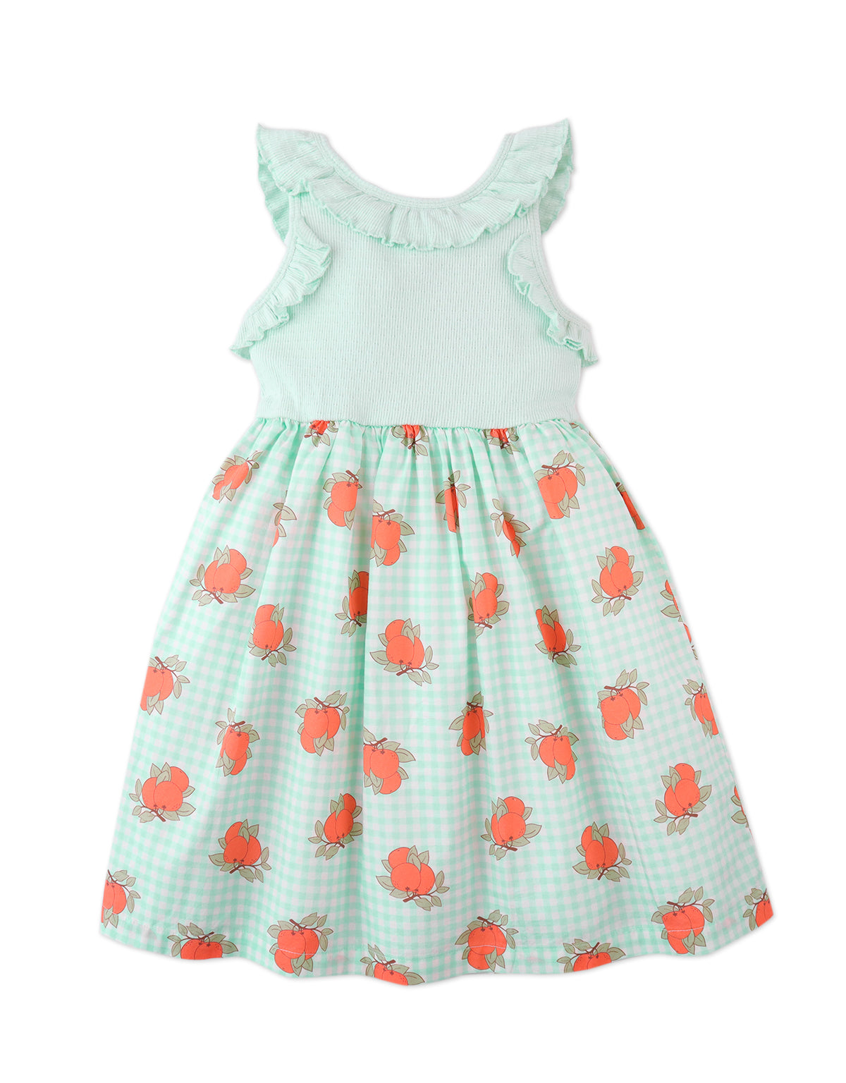 JESSIE FRILLED POINTELLE BODICE DRESS WITH ORANGE GINGHAM PRINT BOTTOM