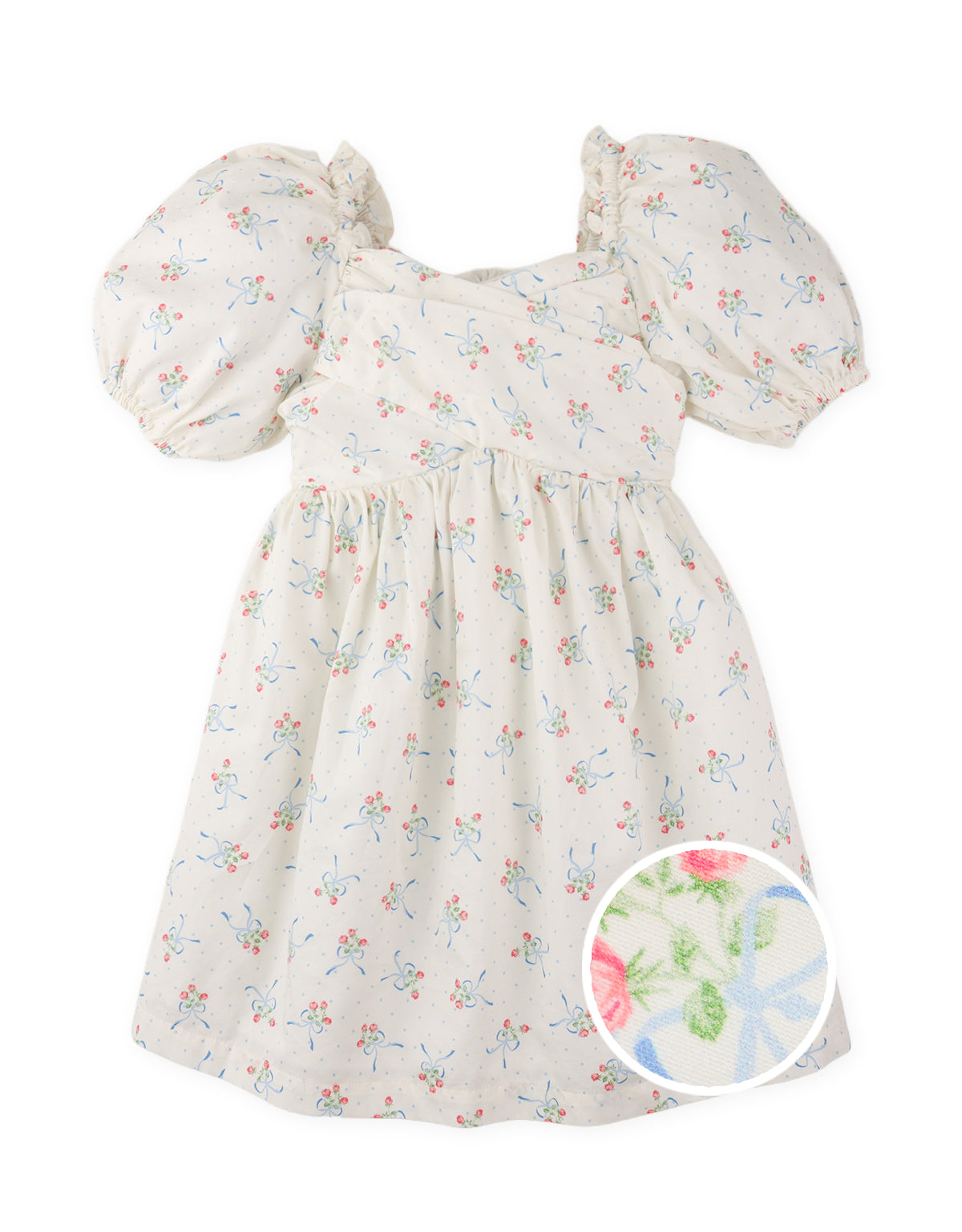 MARIA PRINTED DRESS WITH RUCHED BODICE AND PUFF SLEEVES