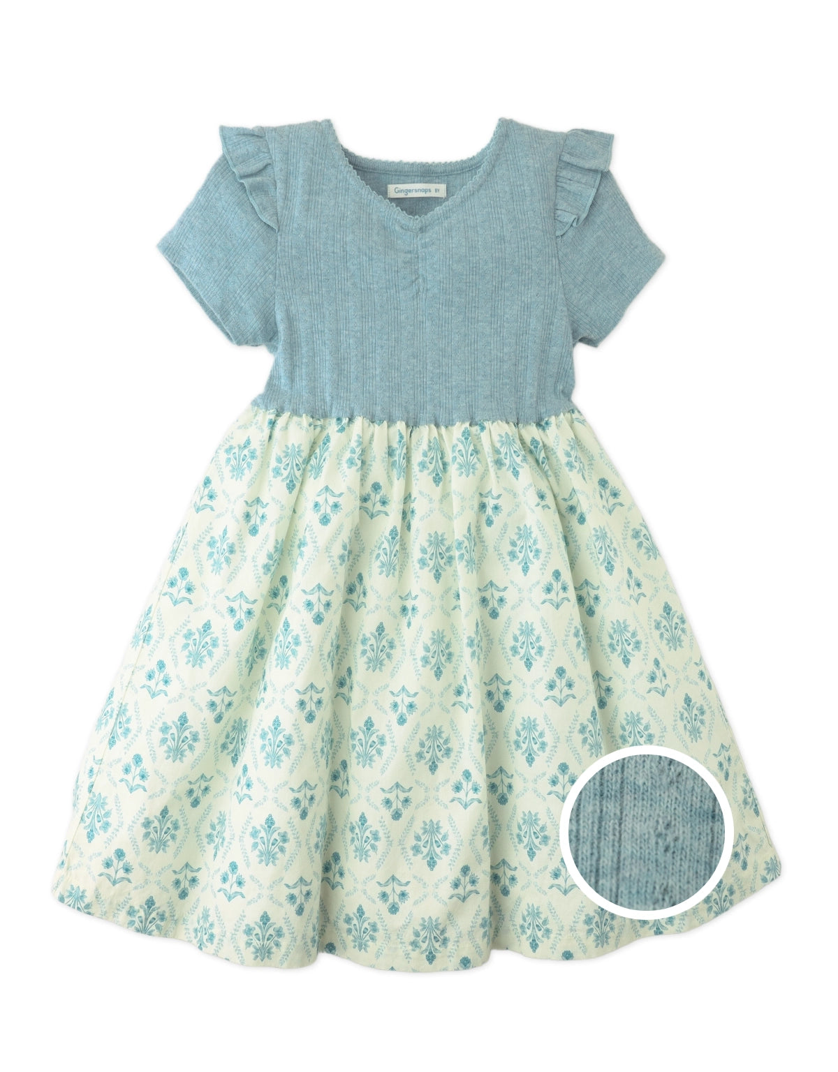 JULIANA DRESS WITH DENIM POINTELLE BODICE AND PRINTED WOVEN SKIRT