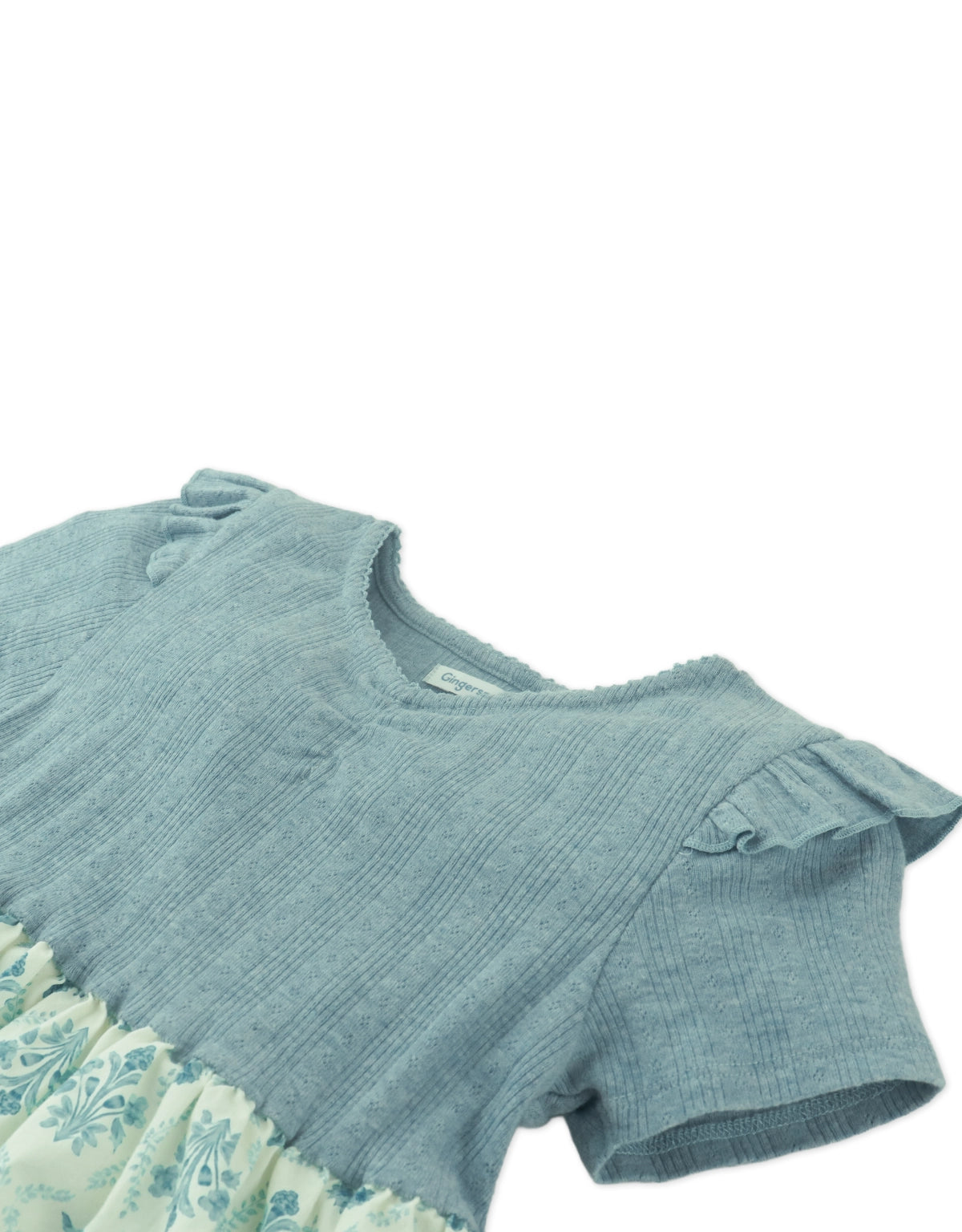 JULIANA DRESS WITH DENIM POINTELLE BODICE AND PRINTED WOVEN SKIRT