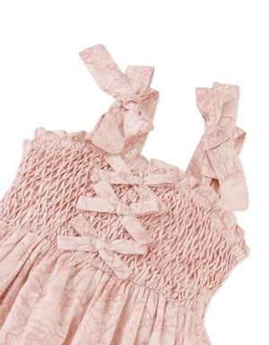 Savannah Floral Toile Print Dress with Smocked and Velvet Bows Bodice style detail
