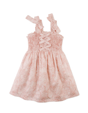 Full front view of the Floral Toile Print Dress with Smocked and Velvet Bows Bodice, showing classic toile pattern and