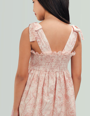 Savannah Floral Toile Print Dress with Smocked and Velvet Bows Bodice side view