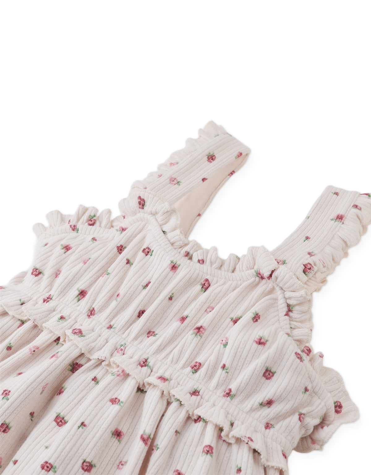 Flatlay front view of the Alina Dress showcasing its ruffled bodice, flutter sleeves, and pastel floral pattern.