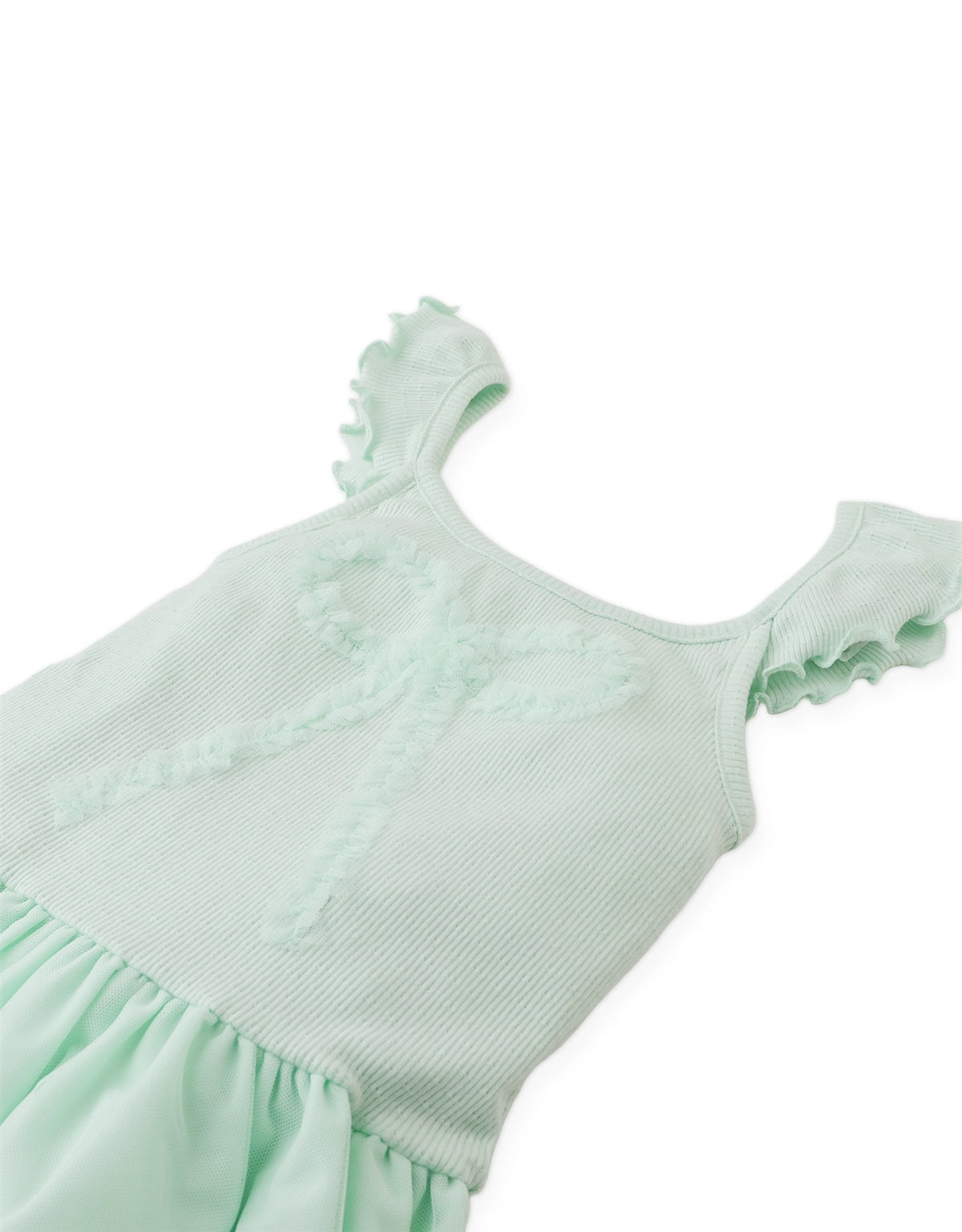 Flatlay front view of the Elara Dress showcasing its layered tulle skirt and delicate structure.