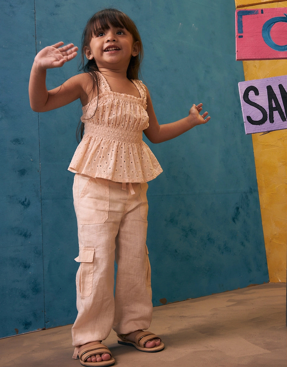 BABY GIRLS LINEN CARGO PANTS WITH TIES