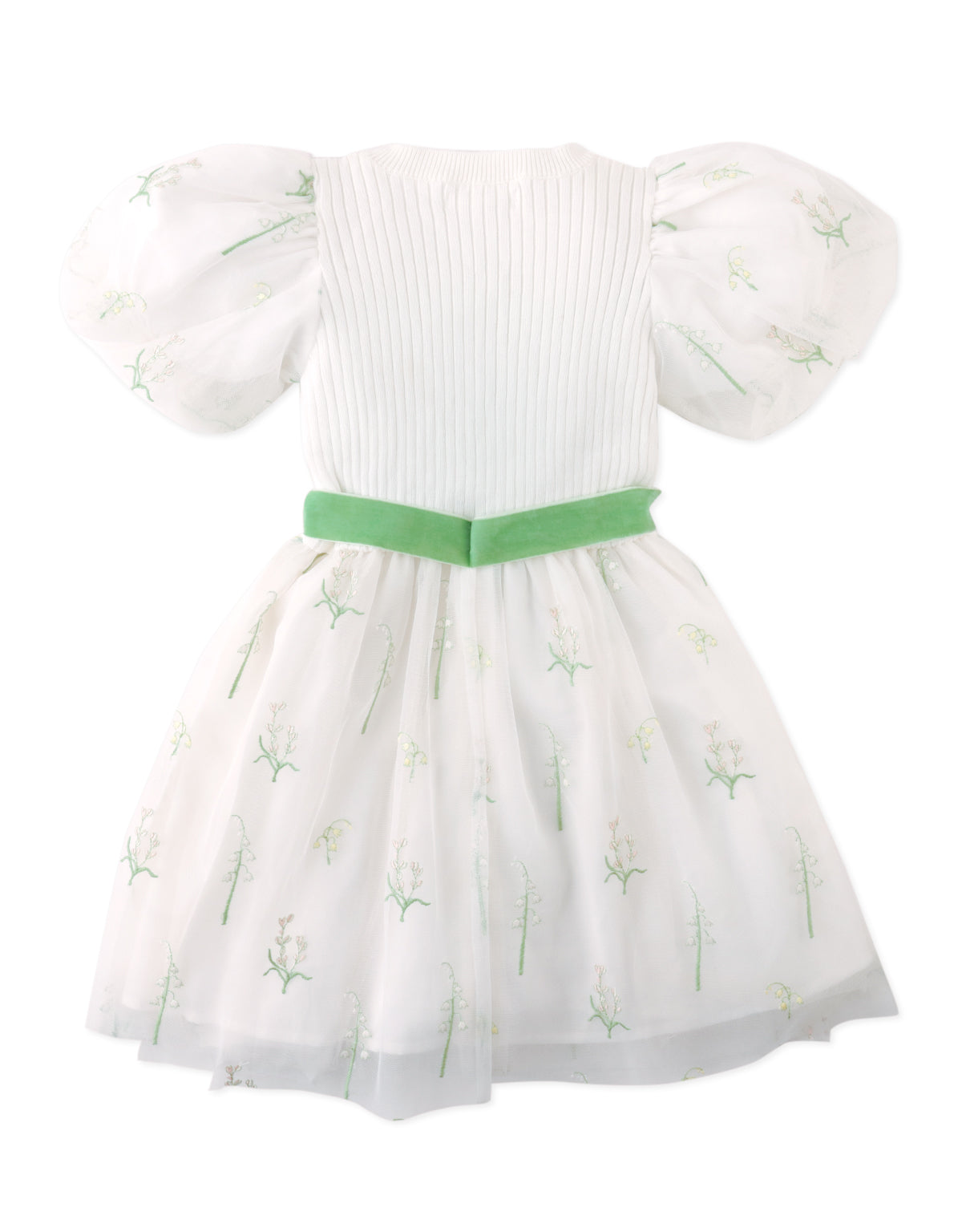 VICTORIA EMBROIDERED DRESS WITH RIBBED BODICE , PUFFED SLEEVES, AND SASH