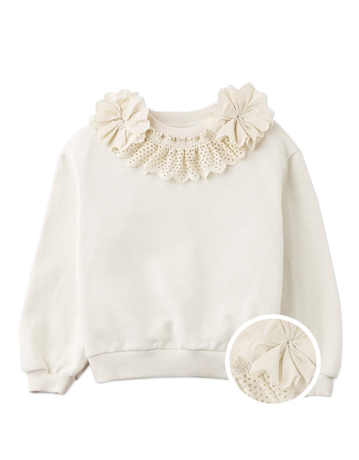 NIDA PULLOVER BEIGE WITH DETACHABLE EYELET COLLAR AND CORSAGE ACCENT