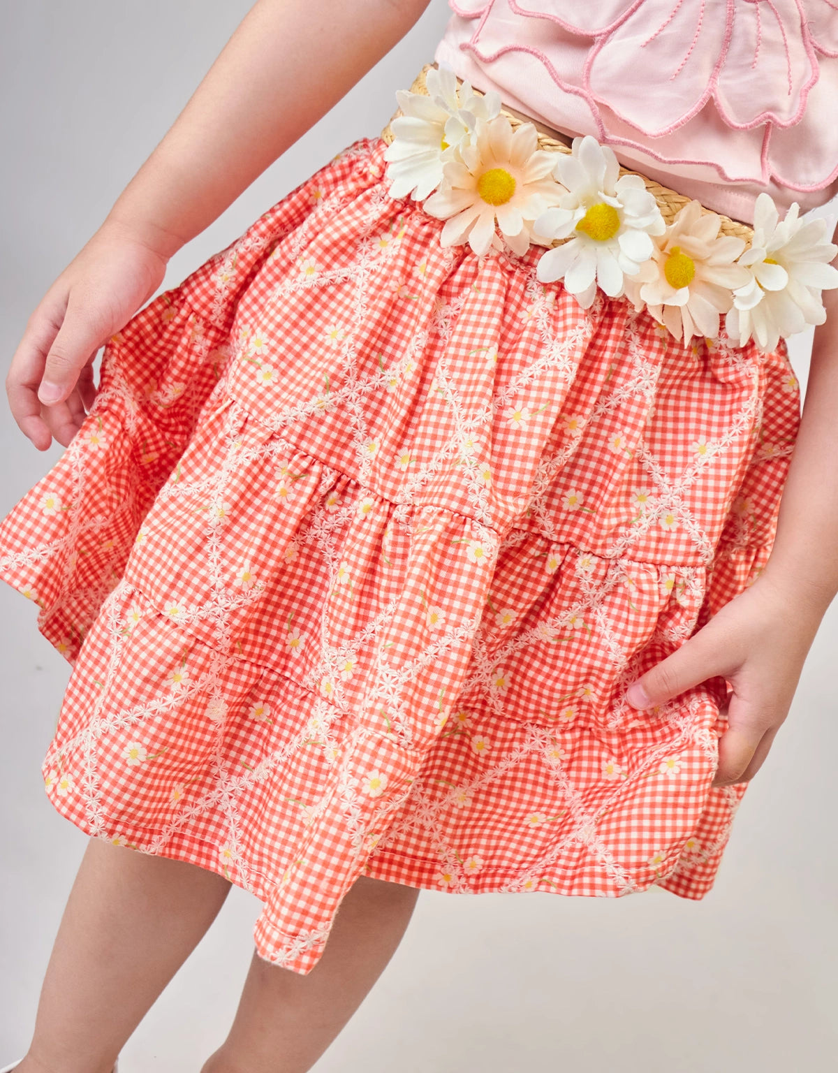 JOVIE EMBROIDERED TIERED SKIRT WITH RAFFIA BELT AND CORSAGE