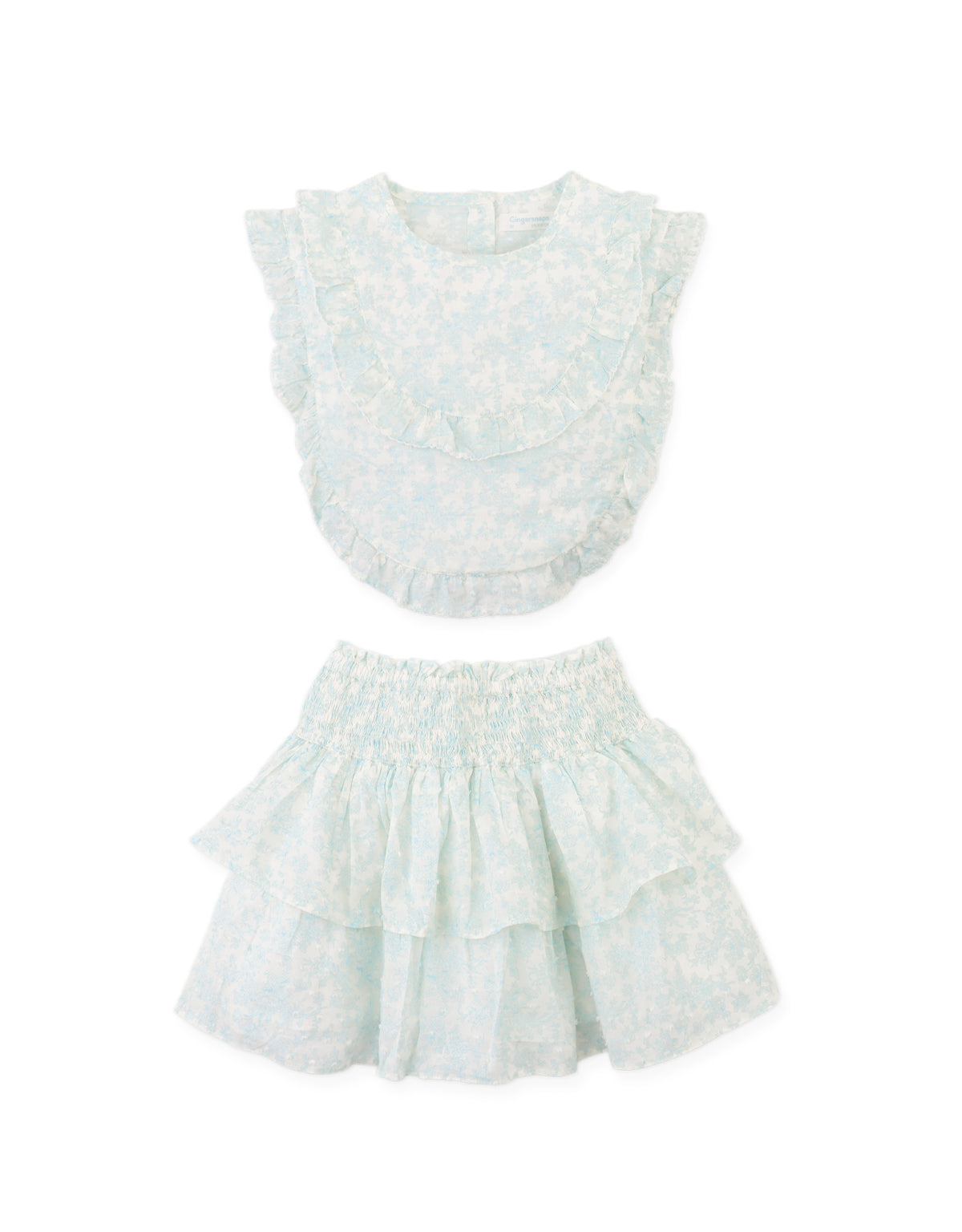 ARABELLA FLORAL TOILE RUFFLE TOP AND SMOCKED TIERED SKIRT SET