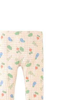 Zoya Ribbed Leggings in Orange with All-Over Veggie Print close-up detail