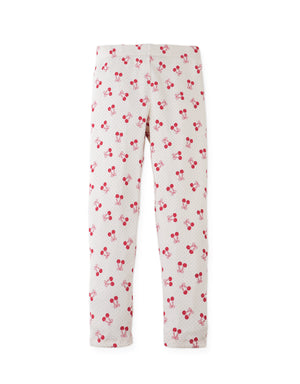 Details front photo of Lucia Leggings with all-over cherry print, showing vibrant cherry motifs and smooth elastic