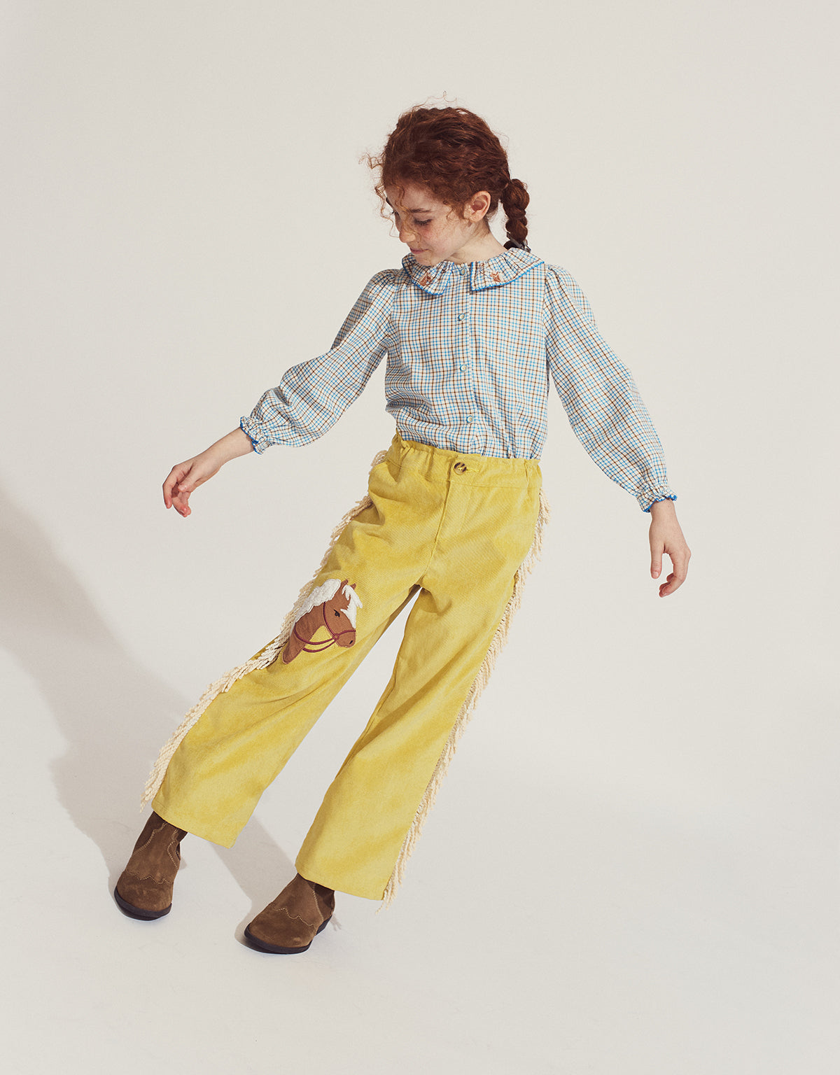 MARION PULL-ON PANTS GOLD WITH APPLIQUÉ HORSE AND SIDE FRINGE ACCENTS