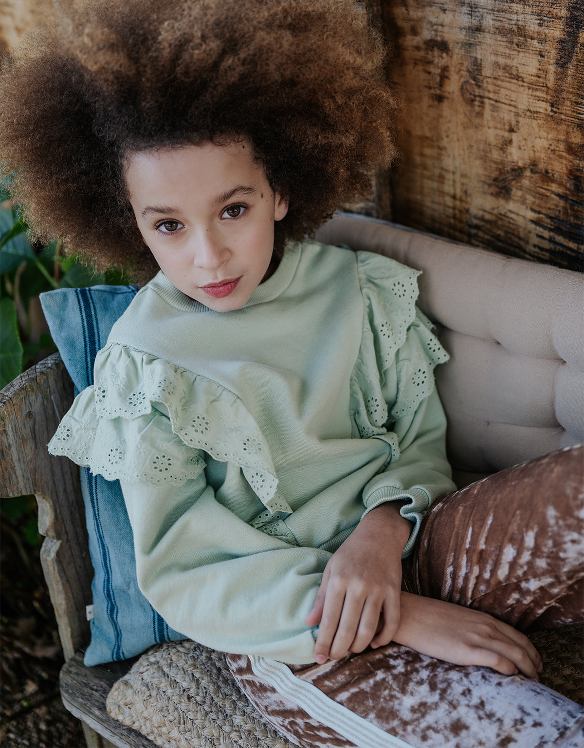 AMALIA PULLOVER SEAFOAM WITH RUFFLED EYELET TRIM ON BODY AND SLEEVES