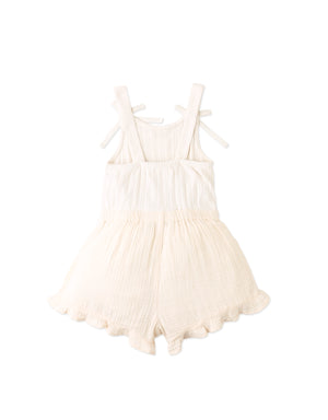 Rica Pointelle Bodice Strappy Playsuit With Muslin Shorts, Ruffled Hem And Bows outfit styling