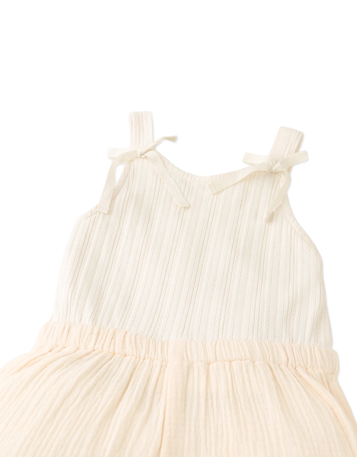 RICA POINTELLE BODICE STRAPPY PLAYSUIT WITH MUSLIN SHORTS, RUFFLED HEM AND BOWS