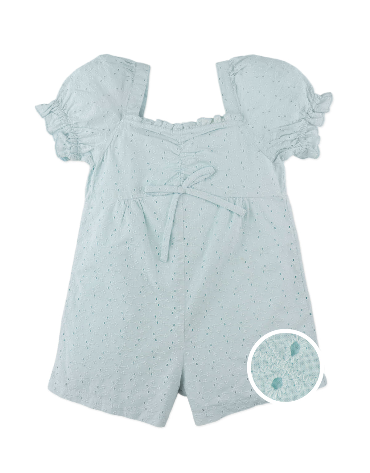 DANIELA BOW EYELET PLAYSUIT WITH RUFFLED SWEETHEART NECKLINE