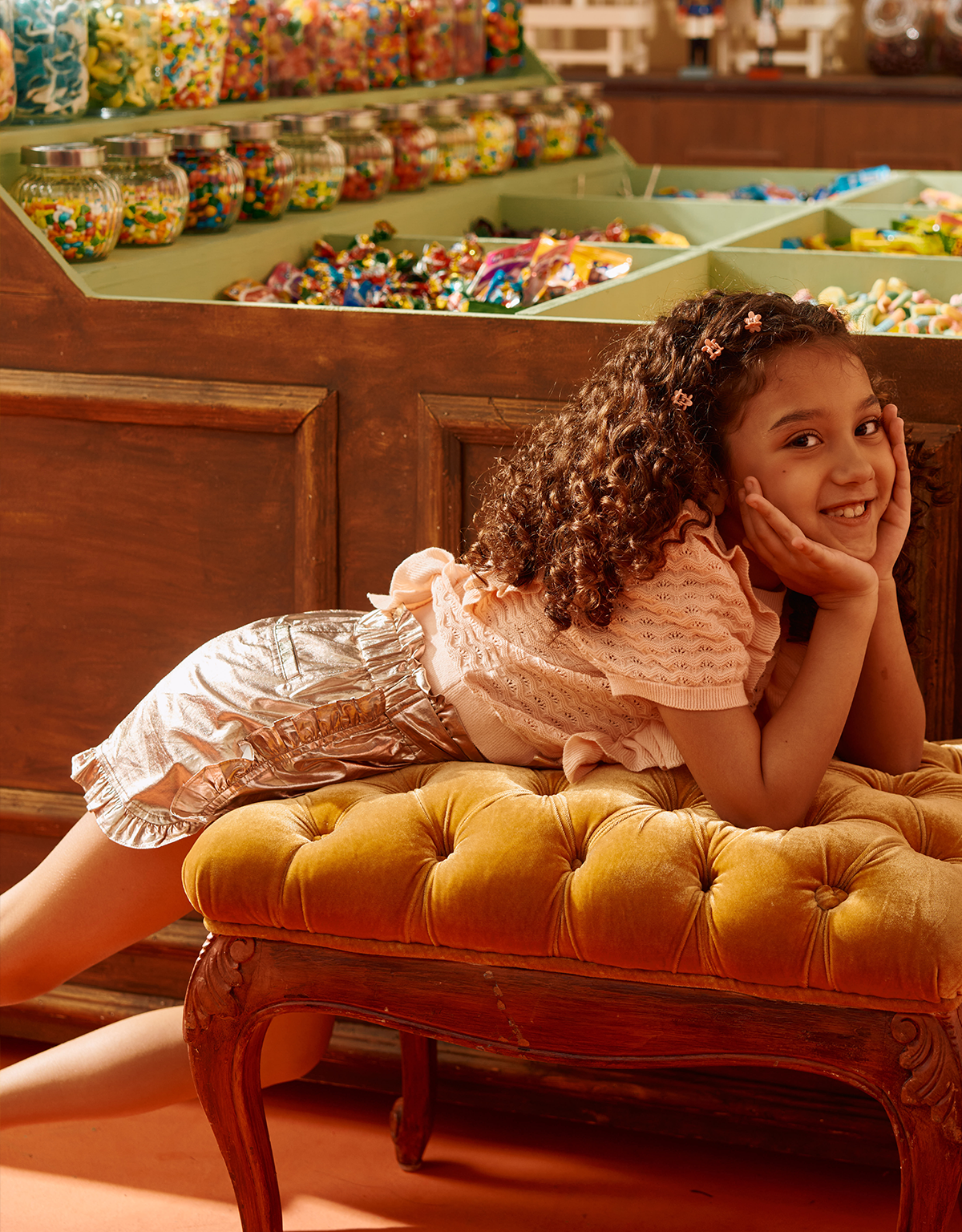 GIRLS RUFFLE TRIM LAME SHORTS WITH SASH