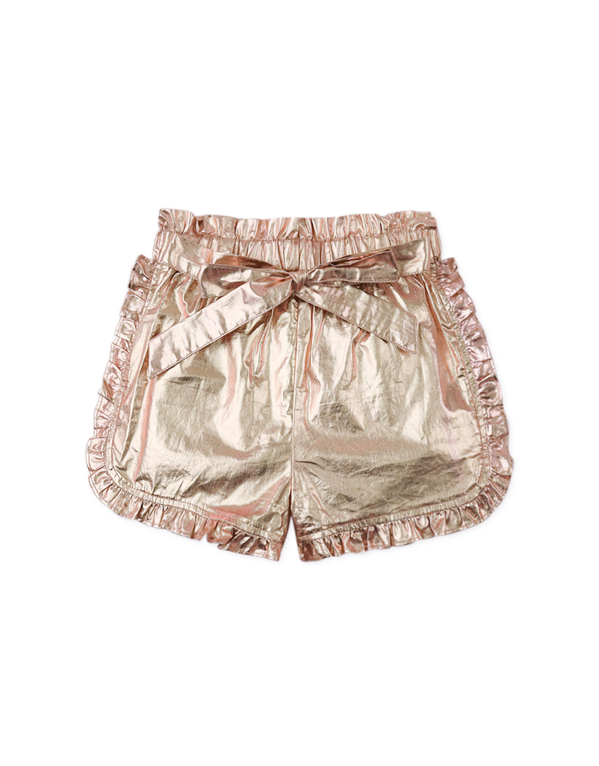 GIRLS RUFFLE TRIM LAME SHORTS WITH SASH