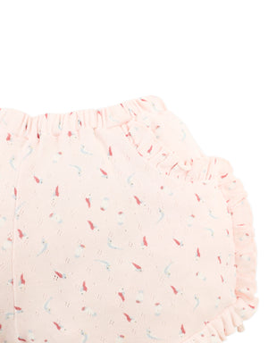 Dina Pointelle Shorts with All-Over Bird Print and Ruffles close-up detail