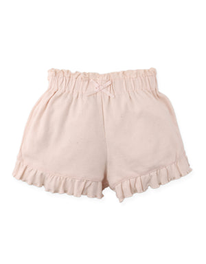 Details front photo of Faye Shorts with waistband and bow applique in pink, showing elasticized waistband and playful bow applique detail, from the Holiday collection of Filipino kids fashion brand Gingersnaps Philippines.