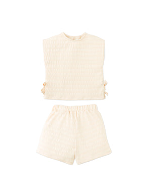 Amy Smocked Jersey Top & Shorts Set With Side Ties fabric and fit detail