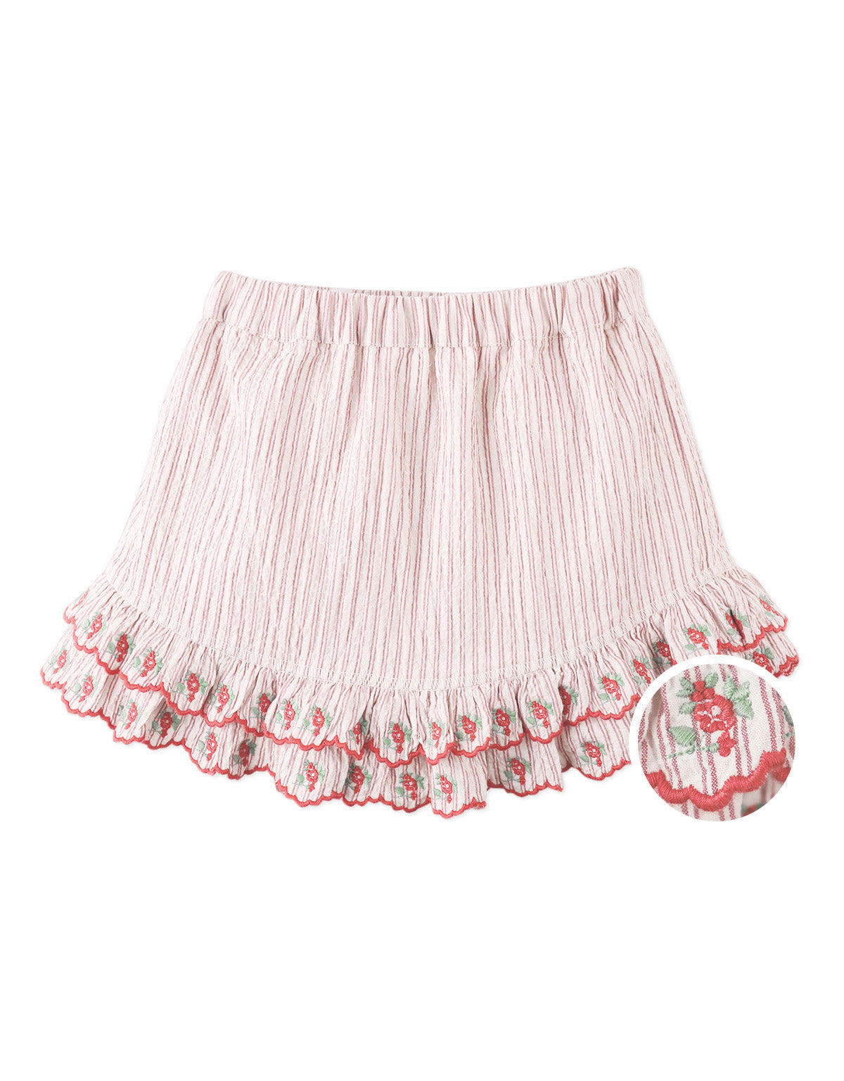 Close-up front detail of the Remi Ruffled Hem Skorts with Botanical Embroidery, highlighting scalloped edges and embroidered flowers from the Spring Summer collection of Gingersnaps Philippines.