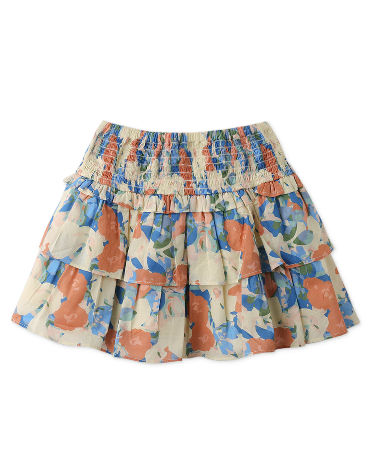 GIRLS FLORAL PRINT TIERED SKIRT WITH SMOCKED YOKE