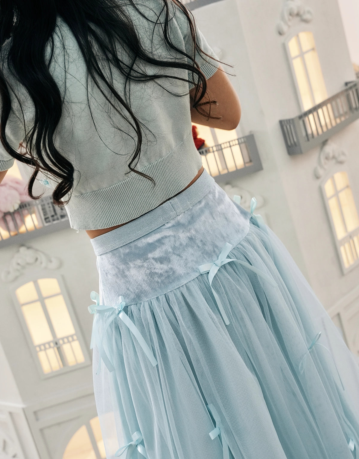 MADISON MAXI TULLE SKIRT WITH ALL-OVER BOW APPLIQUES
